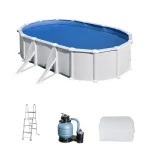 Piscina elevada de acero blanco ovalada 6.1x3.75x1.2 m con depuradora de arena y escalera de seguridad GRE